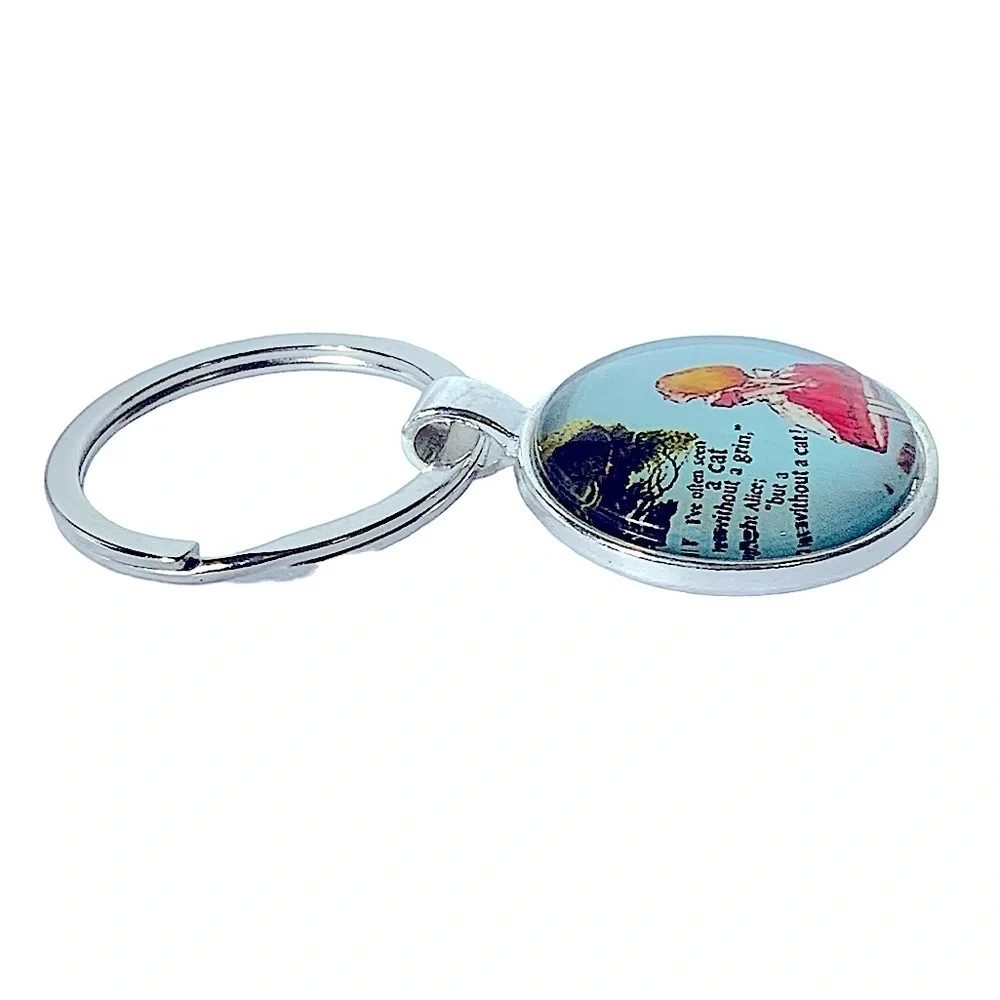 Alice in Wonder Land Keychain Key Holder Round Glass Cabochon Dome Silver Blue